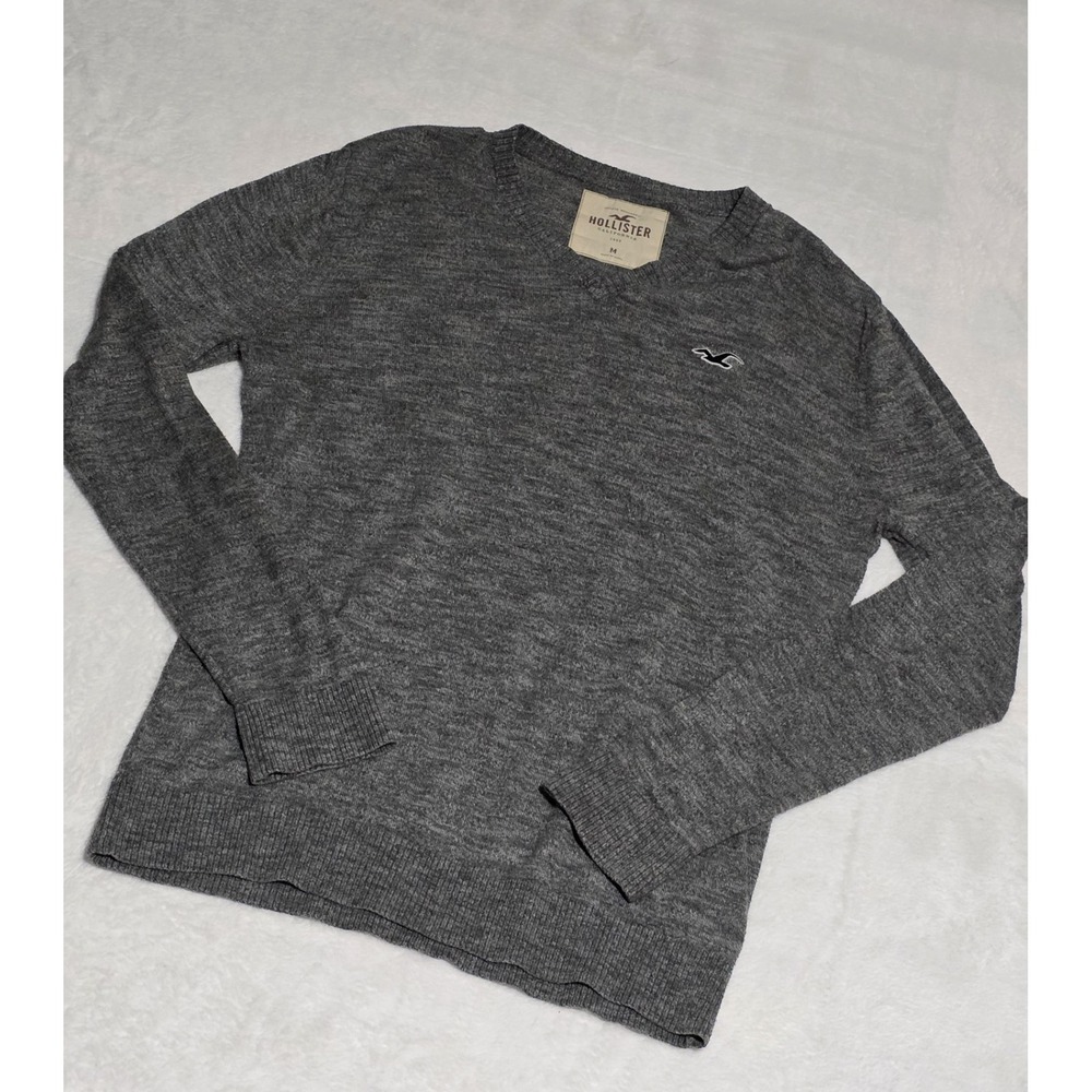 Hollister Men V Sweater Heathered Grey Seagull Logo Knit Pullover Medium Y2K